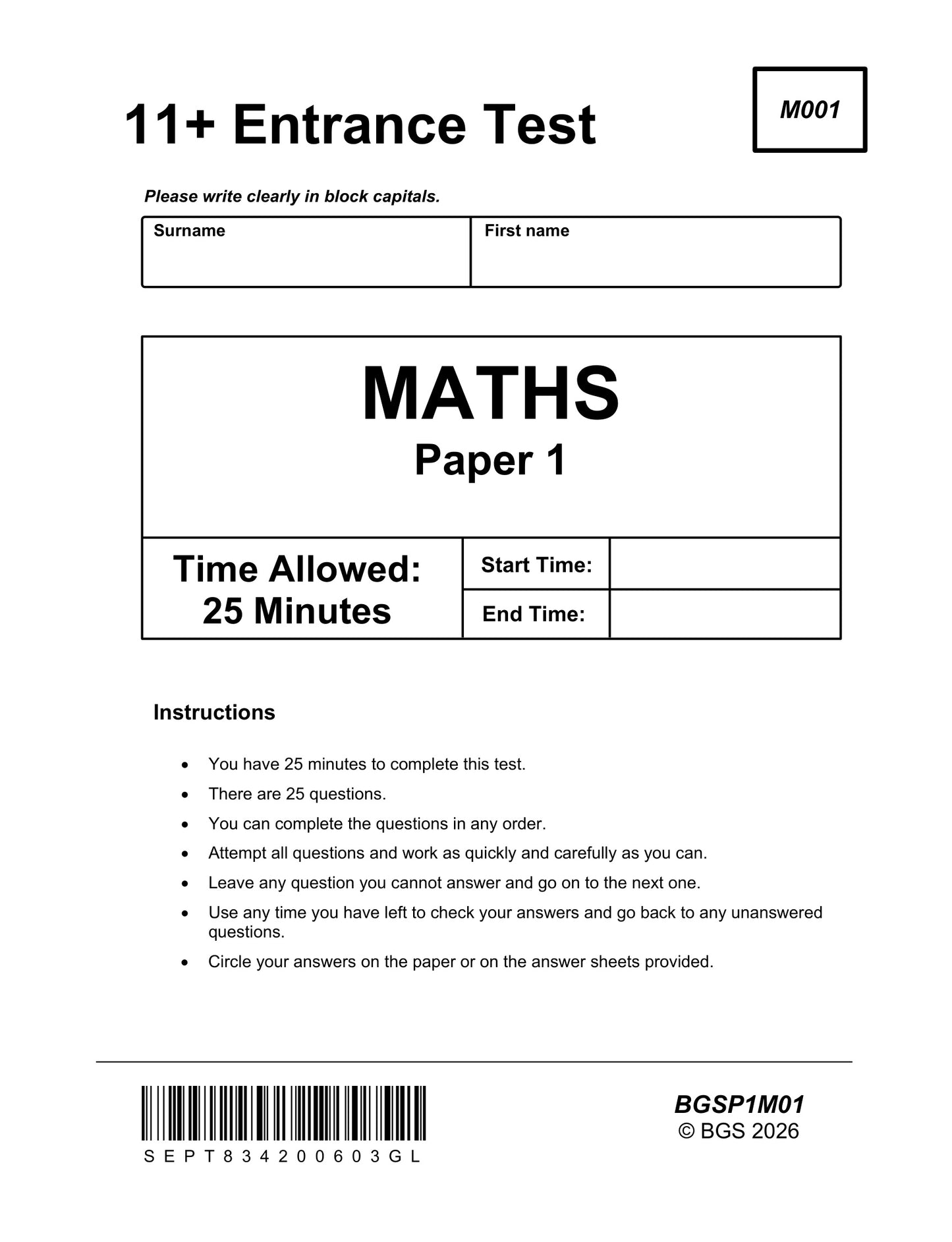 11+ Maths Practice Papers: GL Format Book 1