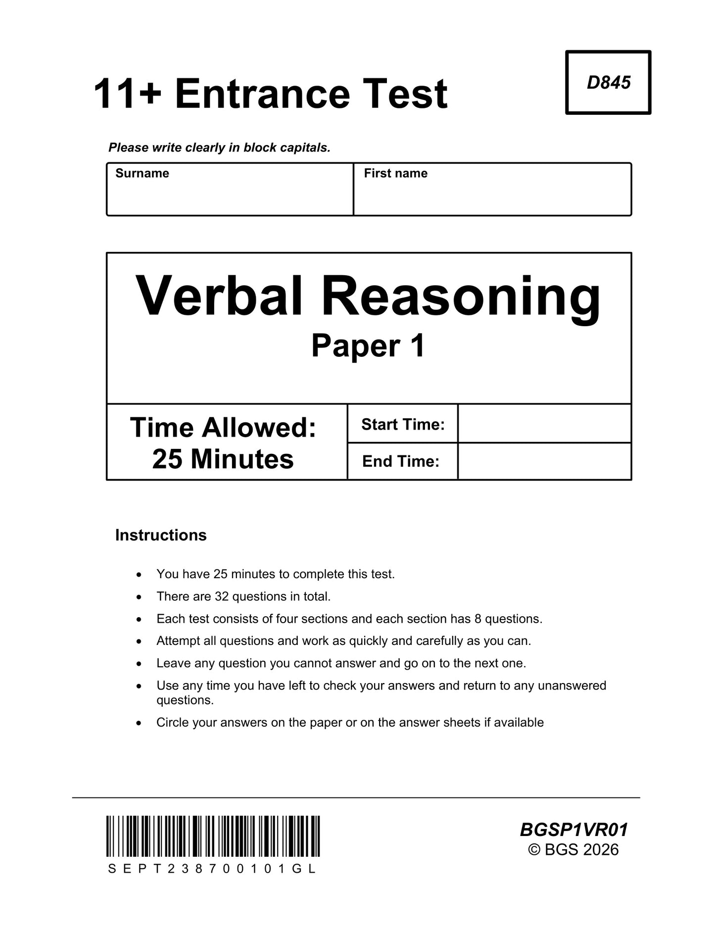 11+ Verbal Reasoning Practice Papers: GL Format Book 1